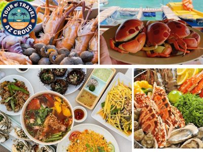 Du khách sẽ được thưởng thức hải sản tươi ngon ngay bên bờ biển.